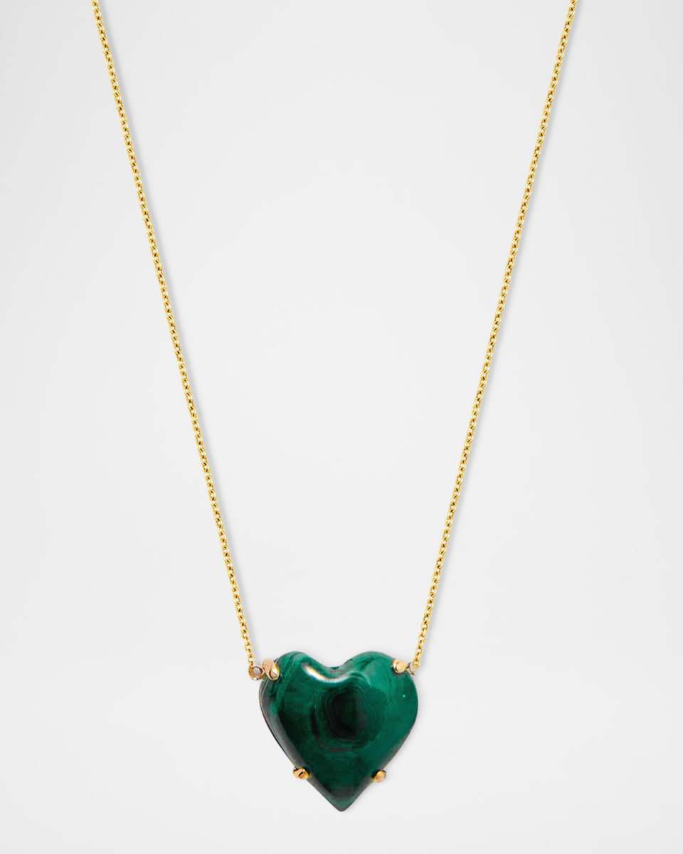 14K Yellow Gold Malachite Heart Necklace, 18"L
